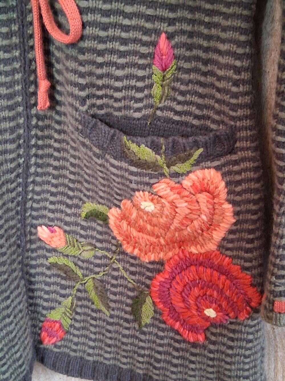 CAbi Sweater Coat with Hood and 3D Embroidery on Pocket Wool Blend Size Small